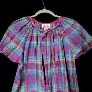 Smart Time Vintage Plaid Nightgown Midi Pink Green Purple Short Sleeve Medium